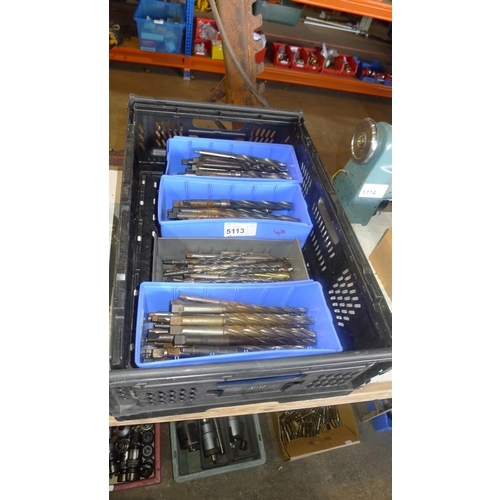 5113 - 1 black plastic crate containing 4 boxes of various taper shank drill bits