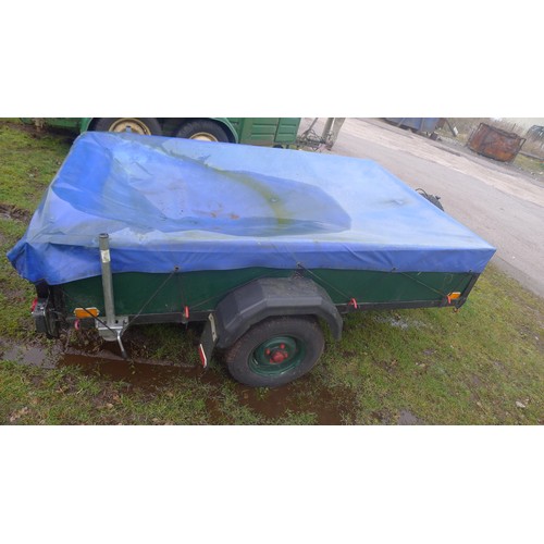 5419 - 1 unbaked single axle trailer supplied with a spare wheel and a blue tarpaulin load cover, body size... 