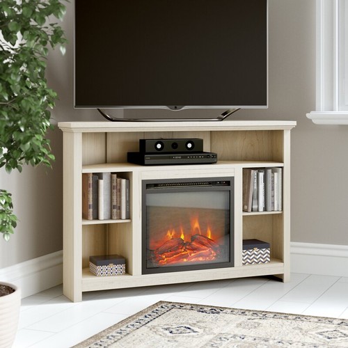 2074 - 1 Rena white oak corner fireplace TV stand console 48inch with electric heater included - boxed, req... 