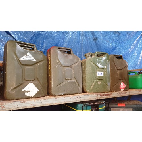 5403D - 4 green Jerry cans (5 Gal) + 2 plastic 1 gal cans.