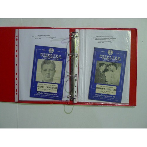 8222 - 1 red folder containing 42 Chelsea football programmes running from September 10th 1938 to March 4th... 