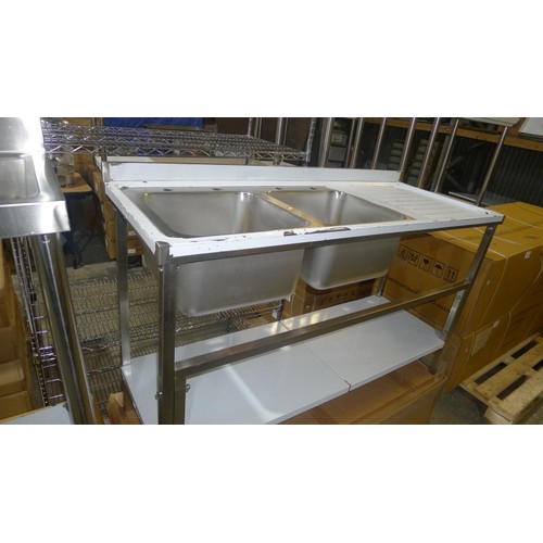 1125 - An unused double bowl stainless steel catering sink unit with draining board on the right by Diamino... 