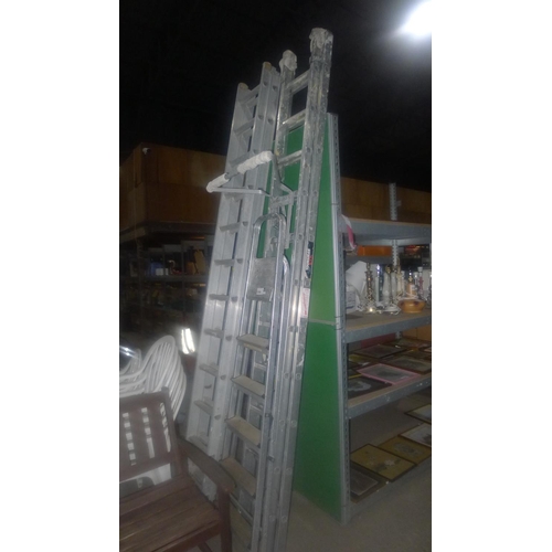 2090 - A double extending aluminium ladder (11 tread), 1 ladder stand off and 1 aluminum step ladder