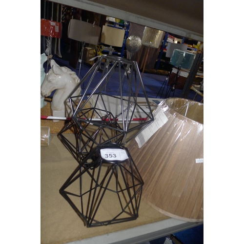 353 - 3 black coloured metal geometric light shades each approx 20cm high