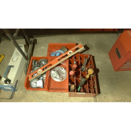 85 - 1 multi compartment red metal tool caddy containing various tools and 3 red plastic boxes, one of wh... 