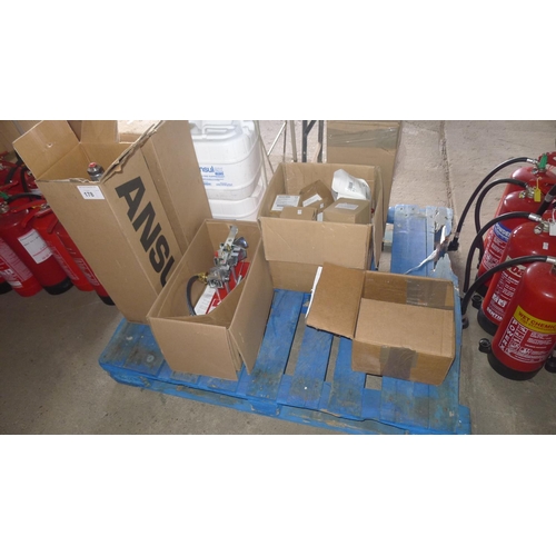 178 - 1 pallet containing various fire fighting  items including 2 Ansul fire suppression kits, 4 fire ala... 