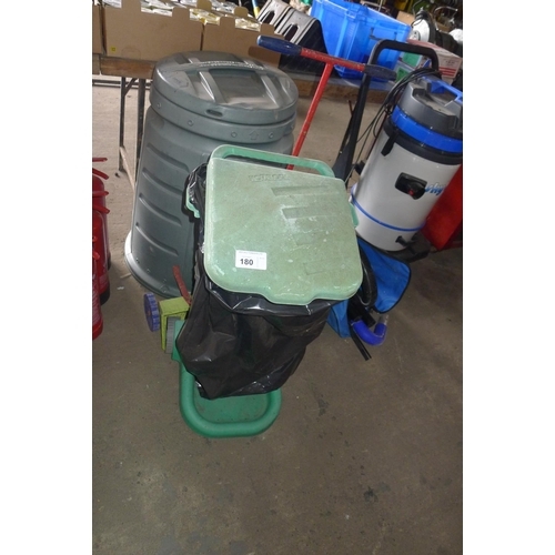 180 - 1 plastic compost bin, 1 Hozelock bin bag frame and 1 push along seed / fertiliser spreader