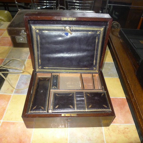 2383 - A 19th Century writing box, a vintage leather suitcase and a wooden work box