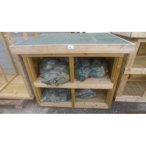 581 - 1 wooden log store with shelf approx 146cm w x 119cm d x 120 cm high includes several bags of kindli... 