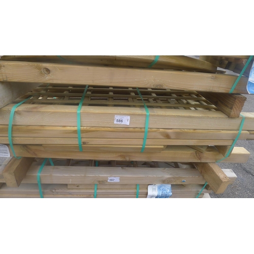 586 - 1 wooden arbour approx 142cm w x 60cm d x 206cm high, requires assembly, believed to be complete and... 