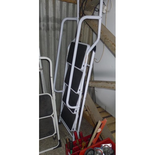 84 - A white metal folding step ladder with hand rails on either side  by Coopers (3 tread)