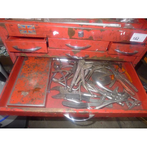 182 - 1 red metal workshop multi drawer wheeled tool chest (no make visible) containing a good selection o... 