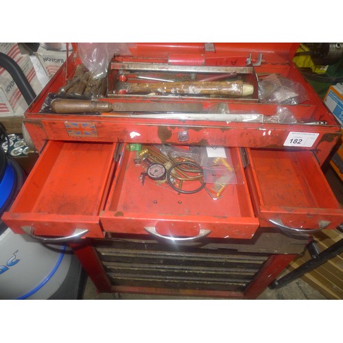 182 - 1 red metal workshop multi drawer wheeled tool chest (no make visible) containing a good selection o... 