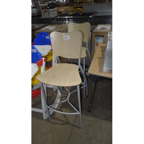 3120 - 2 tall metal framed wood effect stools with back support