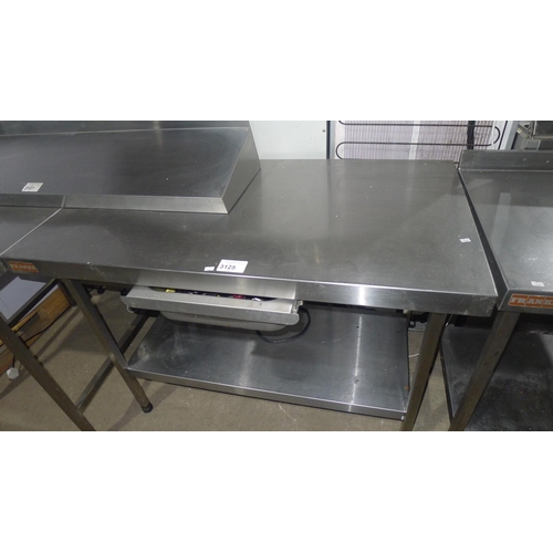 3125 - A commercial stainless steel catering type table with shelf and drawer beneath, drawer contains kitc... 