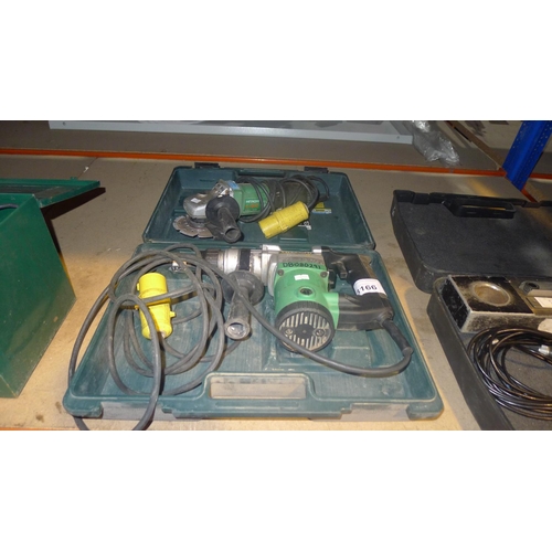 3166 - 1 Hitachi SDS drill type DH25PB and 1 Hitachi angle grinder type G13YC - both items are 110v