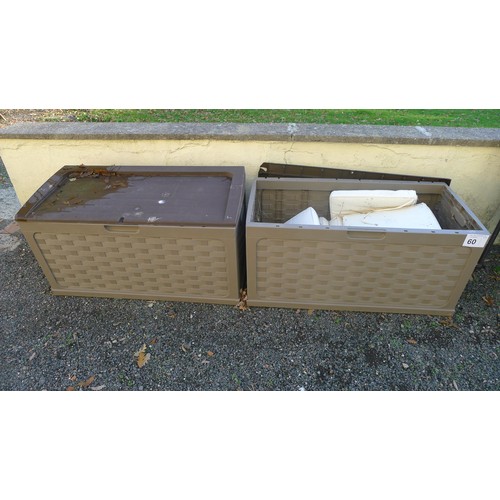 60 - 3 glass / metal garden tables, 6 faux rattan garden chairs and 2 garden plastic storage boxes, one o... 