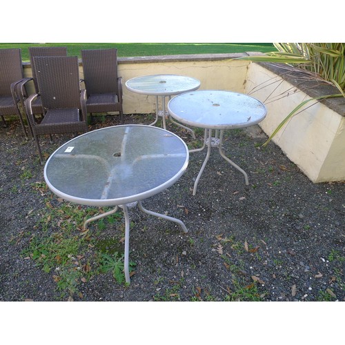 60 - 3 glass / metal garden tables, 6 faux rattan garden chairs and 2 garden plastic storage boxes, one o... 