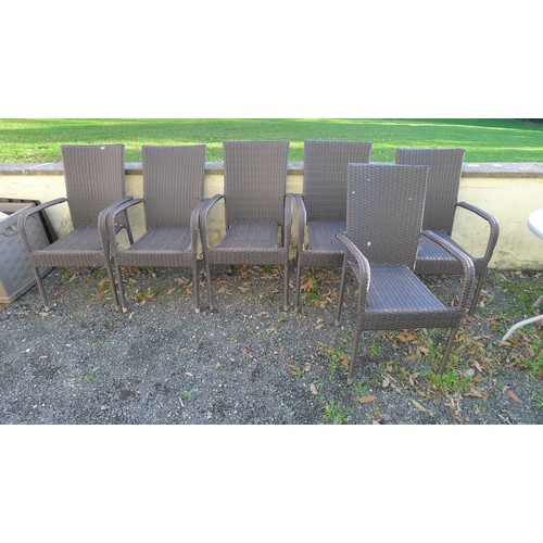 60 - 3 glass / metal garden tables, 6 faux rattan garden chairs and 2 garden plastic storage boxes, one o... 