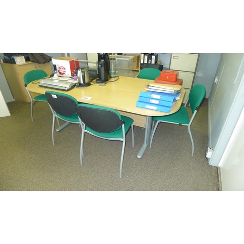 396 - 1 wood effect oval meeting room table approx 200cm x 100cm with 6 green upholstered meting room chai... 