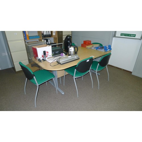 396 - 1 wood effect oval meeting room table approx 200cm x 100cm with 6 green upholstered meting room chai... 