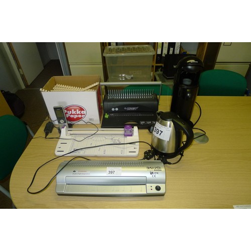 397 - 1 Blackspur laminator, 1 Swordfish trimmer, a Q-Connect comb binder type 12, a Krupps Nespresso coff... 