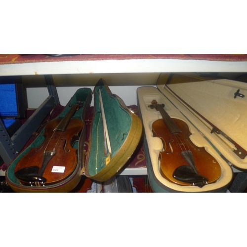 3009 - Two violins with bows and carry cases