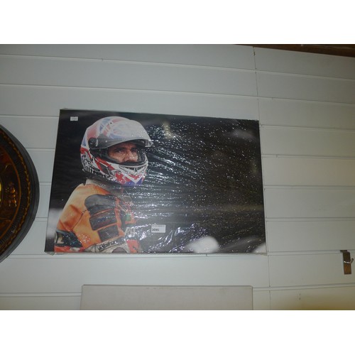 3182 - An unframed canvas of a racing driver, an unframed canvas of a whale and an unframed canvas of a nig... 