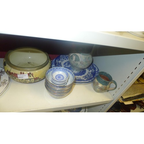 3117 - Quantity of miscellaneous decorative plates and bowls etc (two shelves)