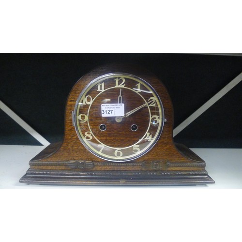 3127 - An oak domed top mantel clock and an engraved glass bowl