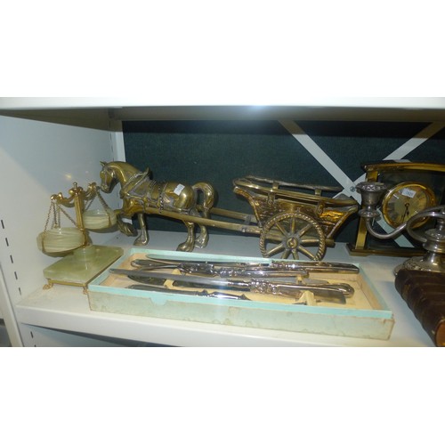 3133 - Large brass horse and cart, a brass mantle clock and a quantity of miscellaneous mainly onyx ornamen... 