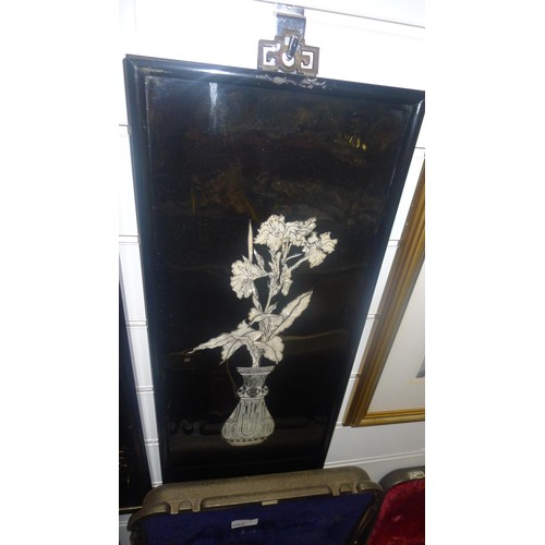 3189 - A set of four Japanese black framed mother of pearl pictures of vases