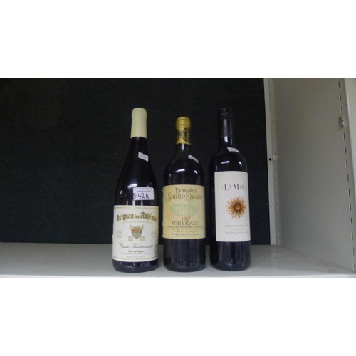 3142b - 3 bottles of red wine: 2014 Grignan les Adhemar, 1987 Domaine Saint Eulalie Minervois, 2008 LaMira G... 