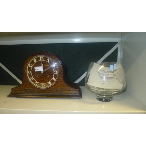 3127 - An oak domed top mantel clock and an engraved glass bowl