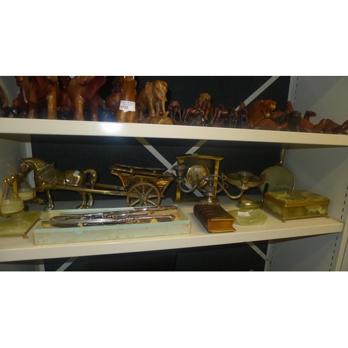 3133 - Large brass horse and cart, a brass mantle clock and a quantity of miscellaneous mainly onyx ornamen... 