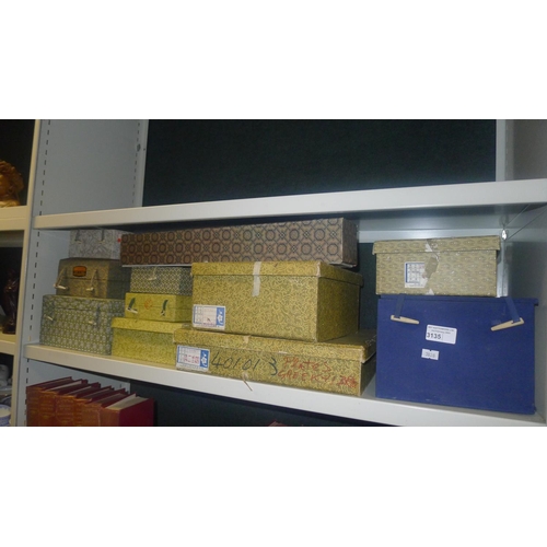 3135 - A quantity of miscellaneous fabric covered and decorative cardboard oriental style boxes (1 shelf)