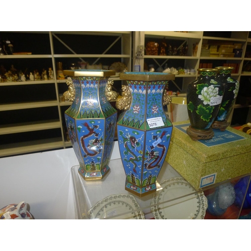 3270 - A pair of blue-green dragon decorated hexagonal cloisonne vases approximately 30 cm tall