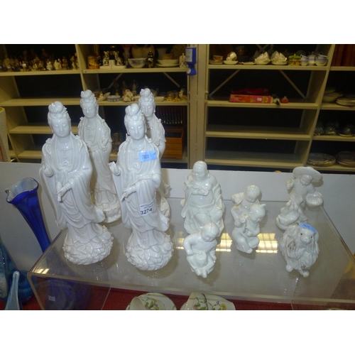 3274 - Set of 4 plain white Chinese figures and a small collection of other plain white ceramic figures