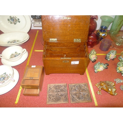 3279 - A small Oak stationery box with a lift lid, a Tunbridge ware box with tambor top and drawer and two ... 