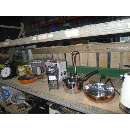 1037 - An unstamped orange (le creuset?) frying pan, a set of scales, kettle, cafetiere, saucepan etc. Cont... 