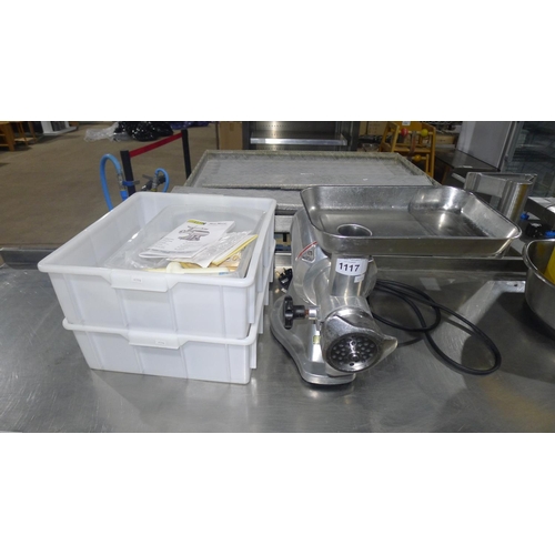 A commercial stainless steel meat mincer by Buffalo type CD400, with instructions, plastic tubs etc