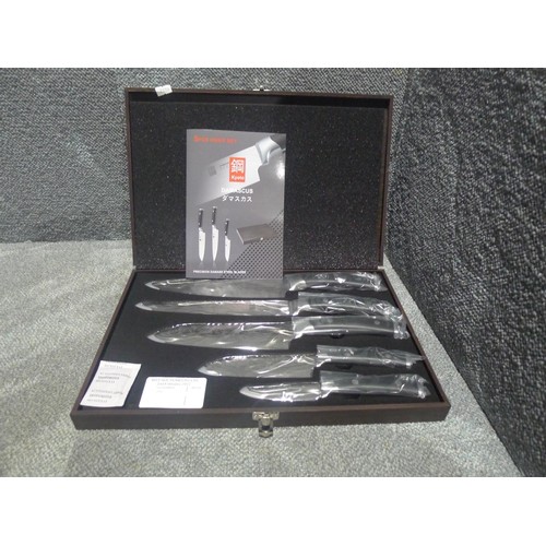 1016 - A 5 piece knife set by Kyoto type Damascus in a wooden presentation box