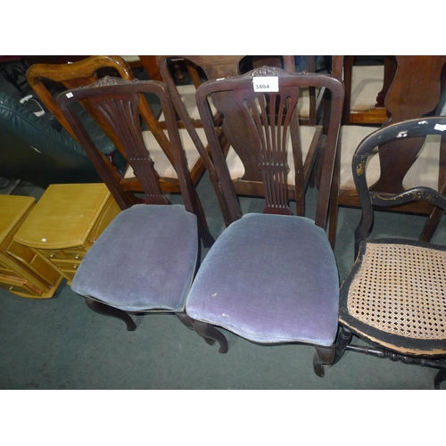 3404 - A pair of Edwardian mahogany dining chairs with blue upholstered seats