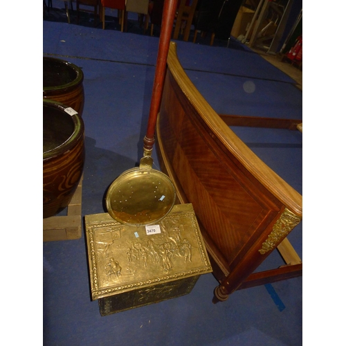 3470 - An embossed brass coal box with a lift lid and a brass warming pan