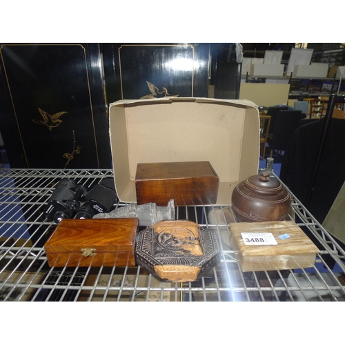 3488 - A small rectangular onyx box, a pair of Hanimex 20 x 50 binoculars and several small wooden boxes