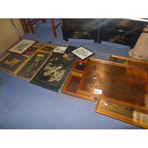 3491 - Several framed engraved copper pictures and a quantity of framed wooden and silk pictures (one shelf... 