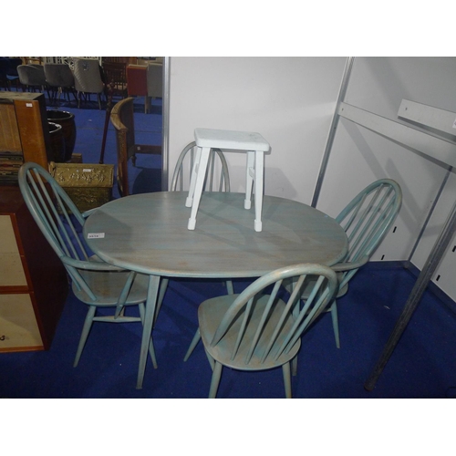 3516 - Vintage oval blue painted kitchen table, a set of four rail back chairs and a small stool