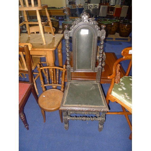 3520 - A Victorian heavily carved oak high-backed hall chair and a child's bedroom chair