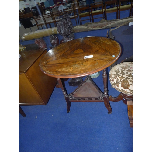 3529 - An Edwardian marquetry inlaid rosewood circular / triangular topped drop-leaf table on turned legs w... 