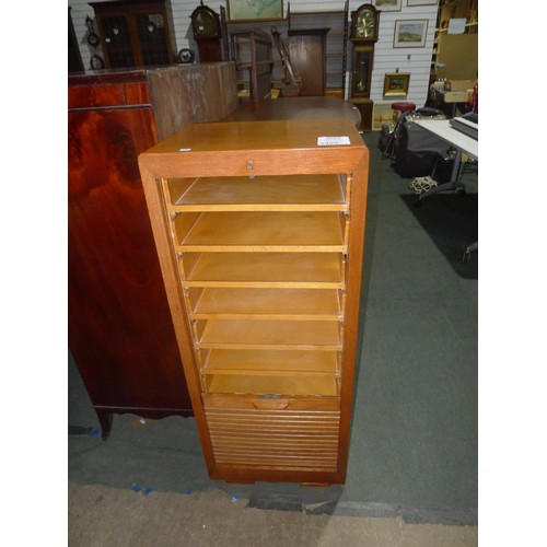 3458 - A vintage golden Oak tambour front filing chest approx 47 x 36 x 112cm high